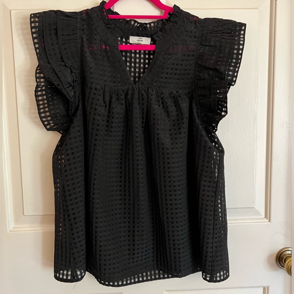 Entro Tunic Top Size L Black Gingham Check Ruffle Cap Sleeve Lined V-Neck NWOT